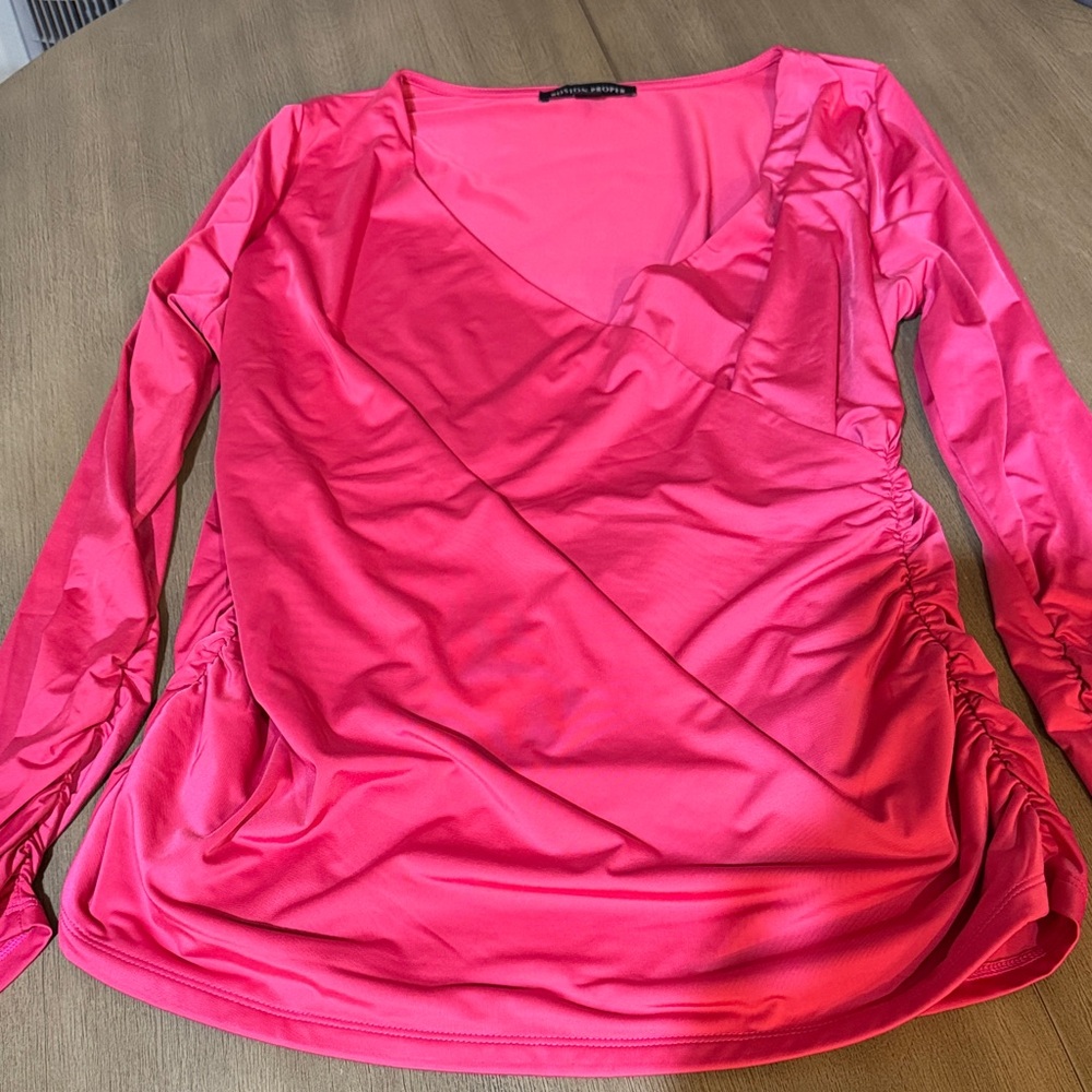 Boston Proper Hot Pink Ruched V-Neck Long Sleeve Top